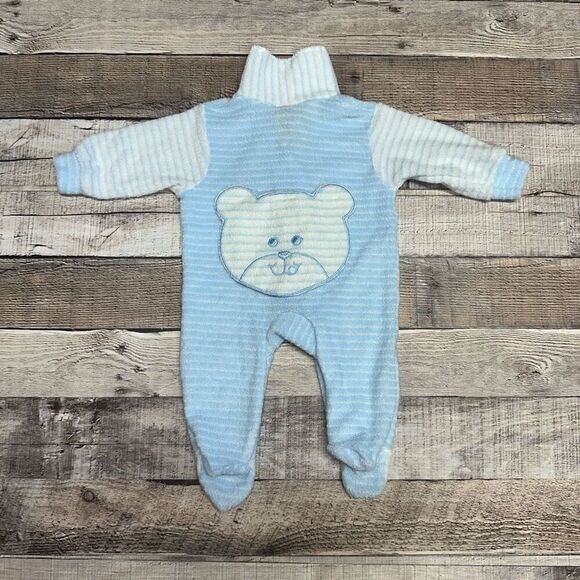 Vintage Carter’s Newborn Baby Boy Striped Blue Teddy Bear One Piece Outfit - Picture 1 of 7